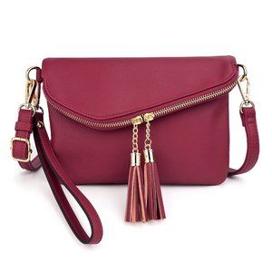 Purse Double Tassel Zippers Lightweight Flapover Handbag with Wristlet Strap CA